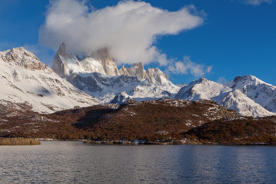 Snow-covered Fitz Roy seen from El Chalten