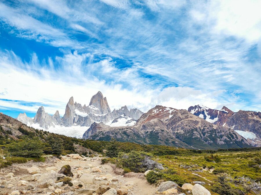 The Fitz Roy mountain range with clear skies in Patagonia, Argentina