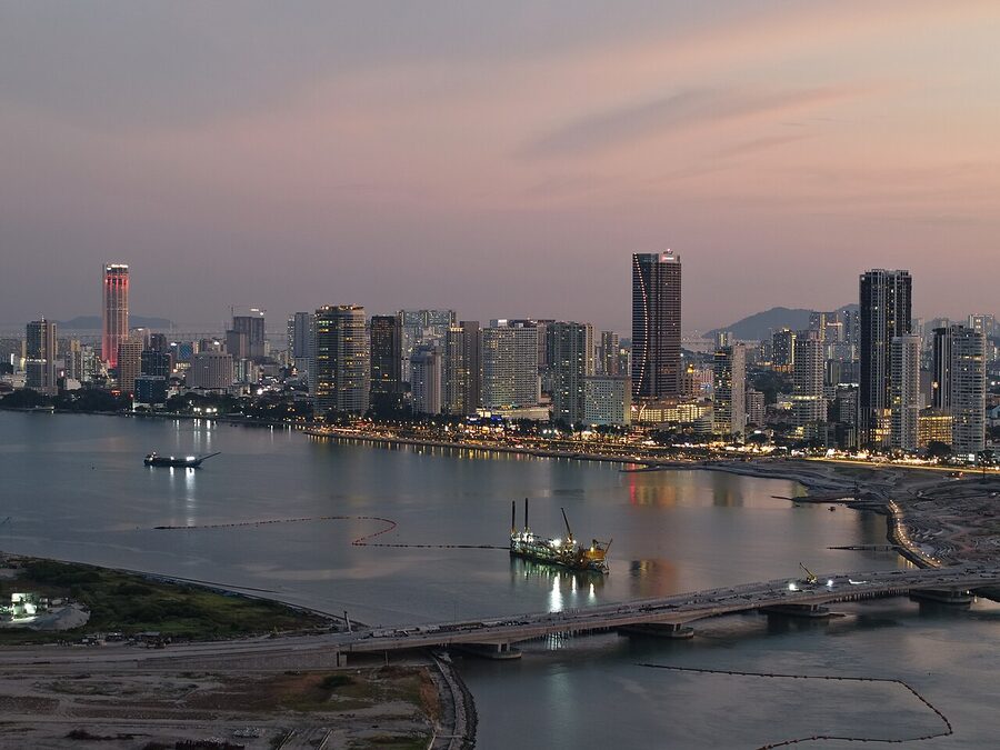 The Penang skyline at night including George Town and the harbour