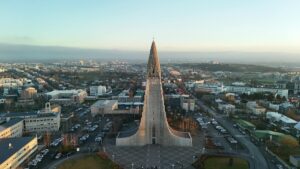 Aerial view of Hallgrimskirkja church in Reykjavik, Iceland, at sunrise