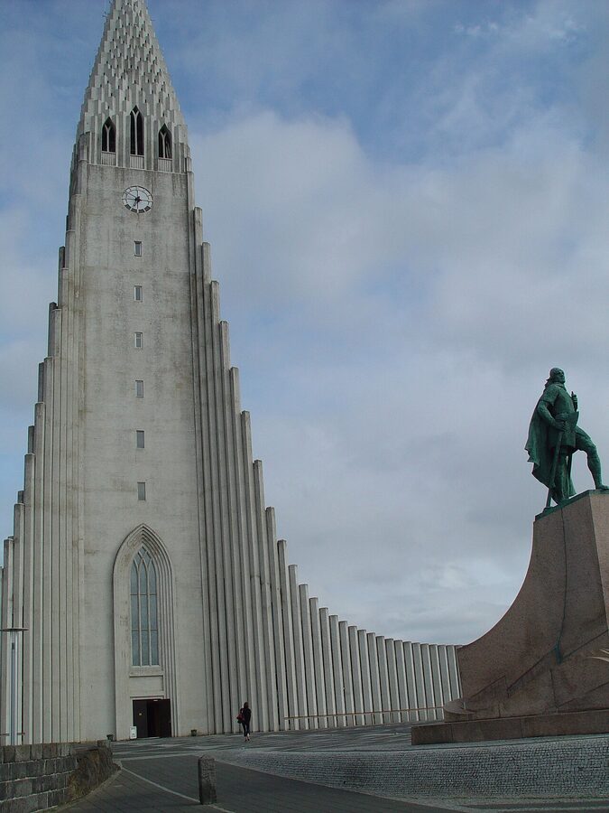 The concrete facade of Hallgrimskirkja church in Reykjavik, Iceland