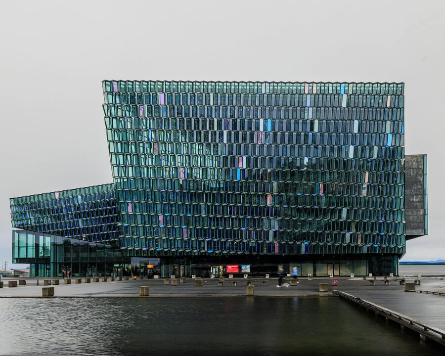 The glass honeycomb facade of Harpa Concert Hall in Reykjavik, Iceland
