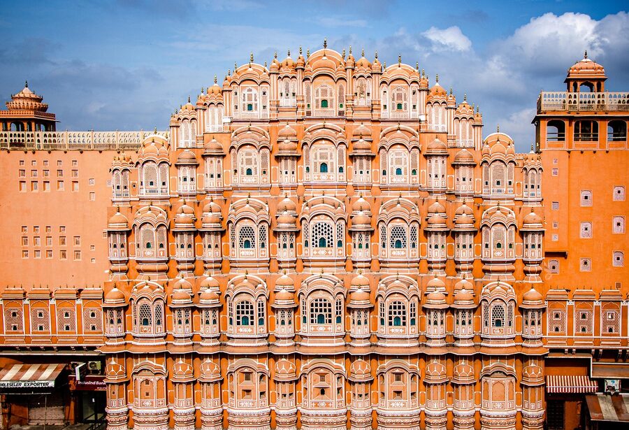The pink-stone Hawa Mahal palace facade in Jaipur, Rajasthan, India
