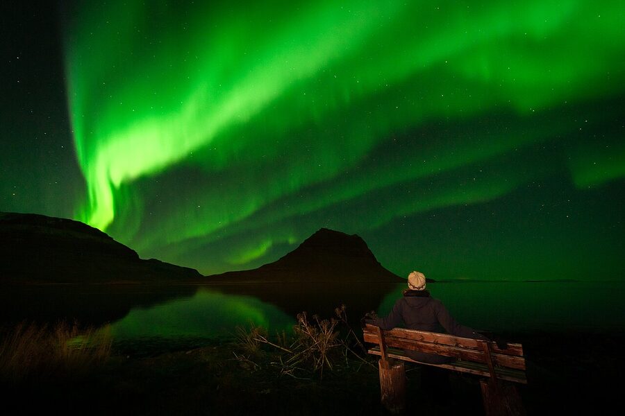 Northern Lights over Kirkjufell mountain seen from Grundarfjordur, Iceland