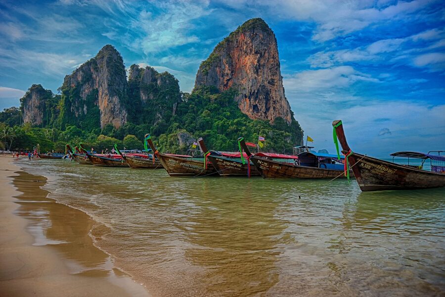 A long-tail boat at Railay Beach in Krabi, southern Thailand