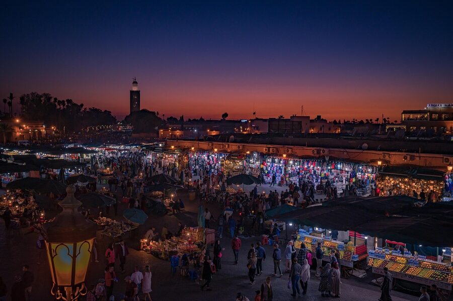 A traditional market scene in the Marrakech medina, Morocco