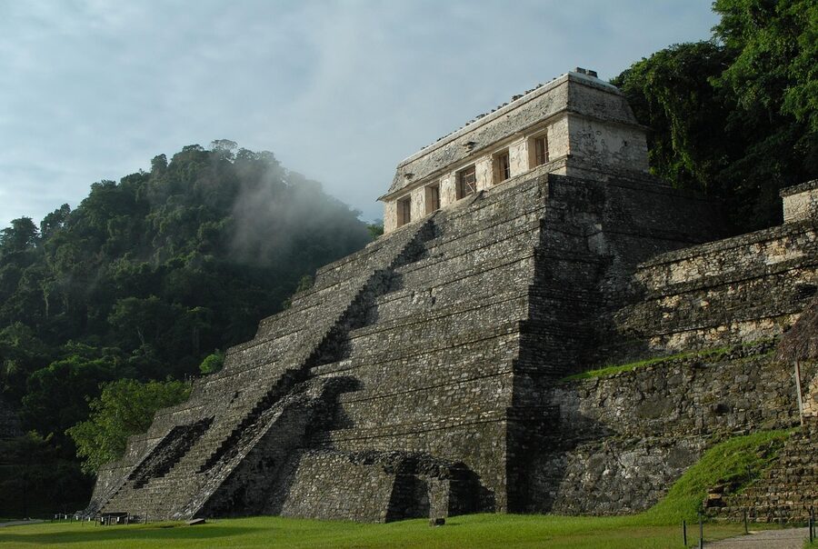 Maya archaeological ruins set in Mexican landscape