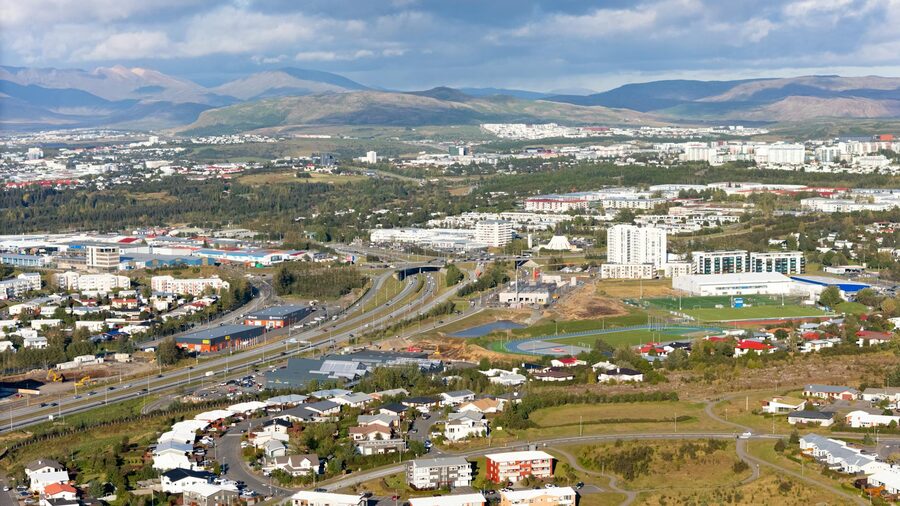 An aerial view of Reykjavik showing the central city and surrounding architecture