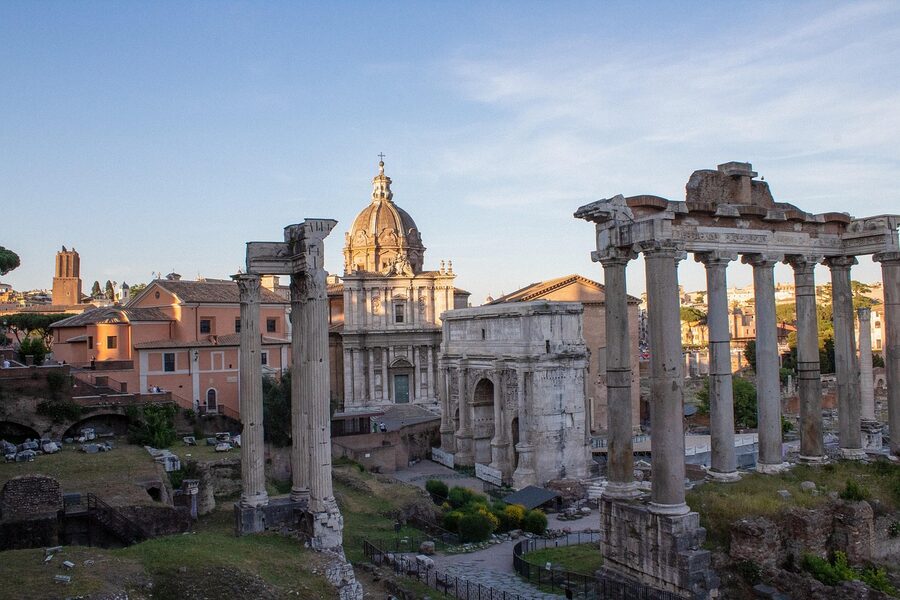 The ruins of the Roman Forum in central Rome, winter light