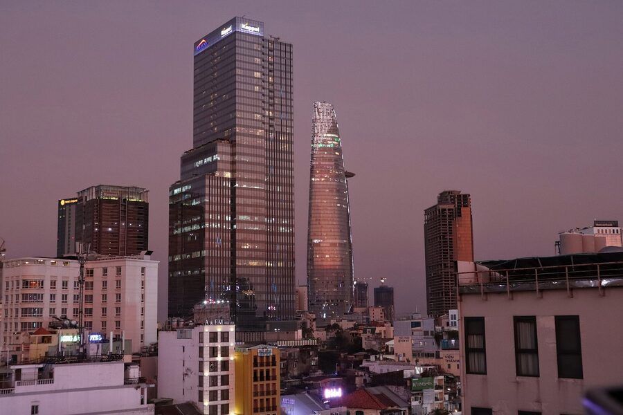 The skyline of Saigon (Ho Chi Minh City) along the Saigon River