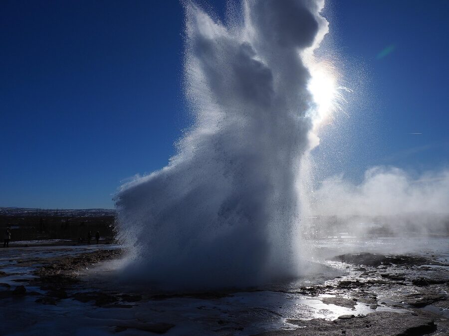 The Strokkur geyser erupting at the geothermal spring source in Iceland