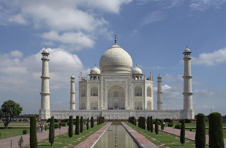 The Taj Mahal mausoleum in Agra, India, with reflecting pool