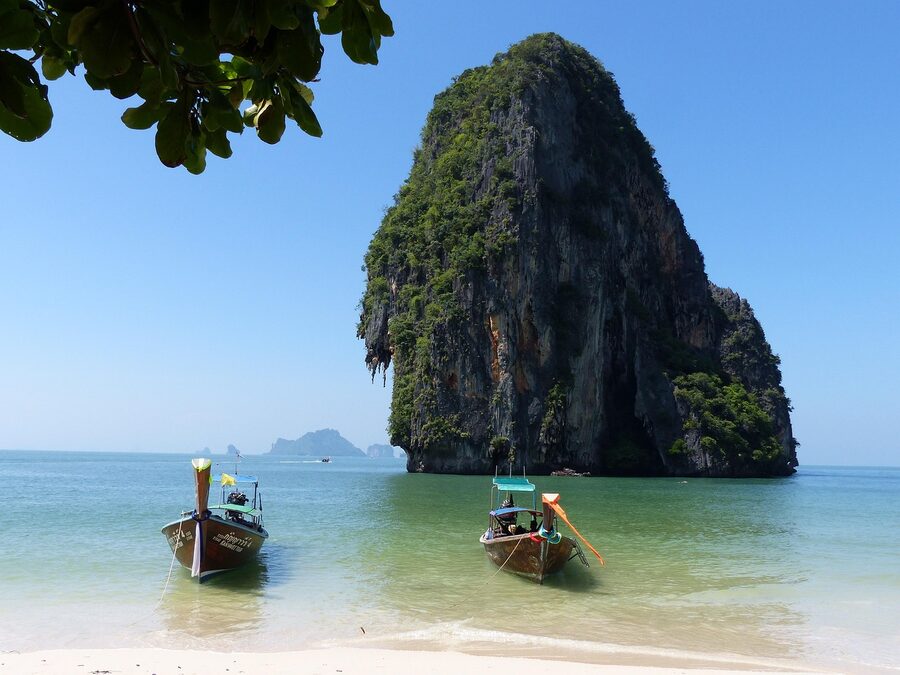 Long-tail boats at Rai Leh beach in Krabi, southern Thailand