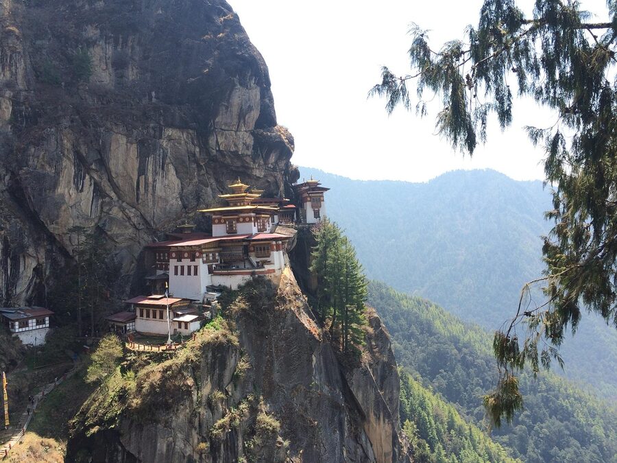 The Tigers Nest monastery clinging to the cliffside above Paro, Bhutan