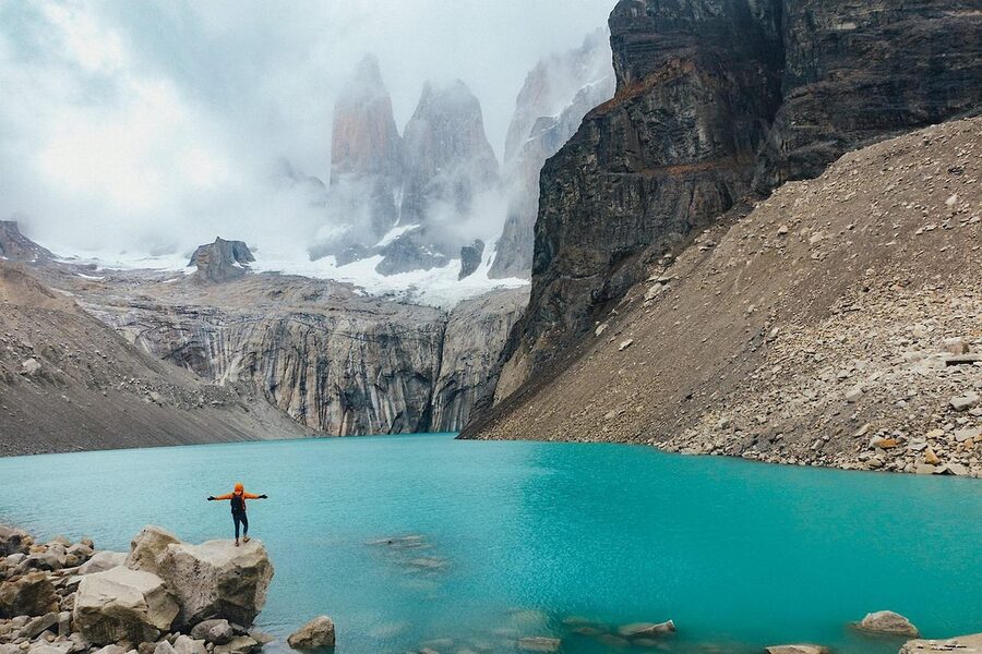 Mountains of Torres del Paine reflected in a lake in Chilean Patagonia