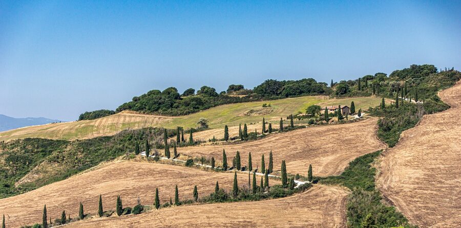 Rolling Tuscan hills with cypress trees and farm fields in Val d Orcia, Italy